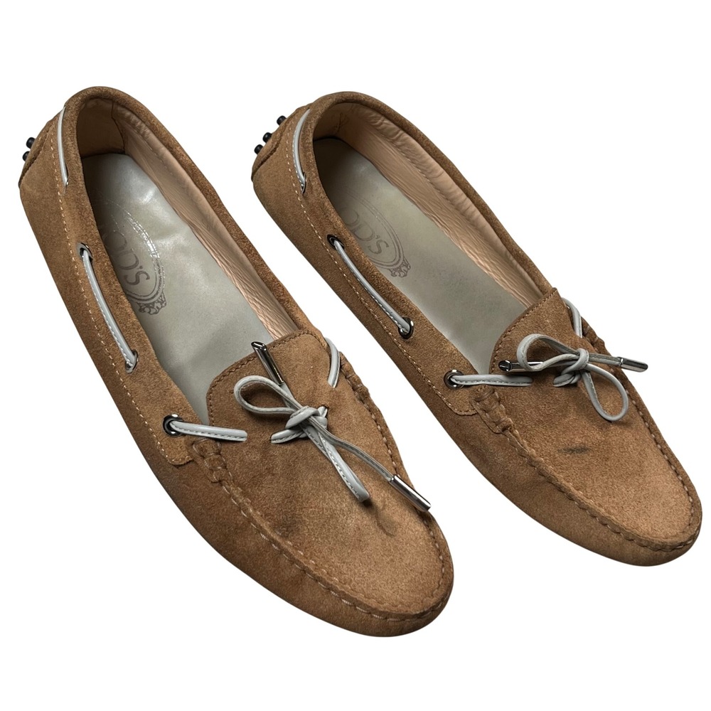Tod's Gommino Driving Loafers Womens 40 (US 10) Tan Suede Leather Bow Italy